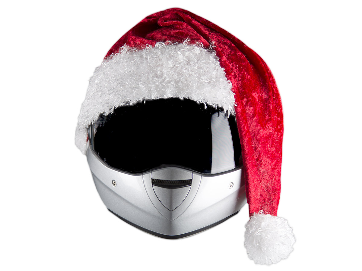 santa hat on motorcycle helmet